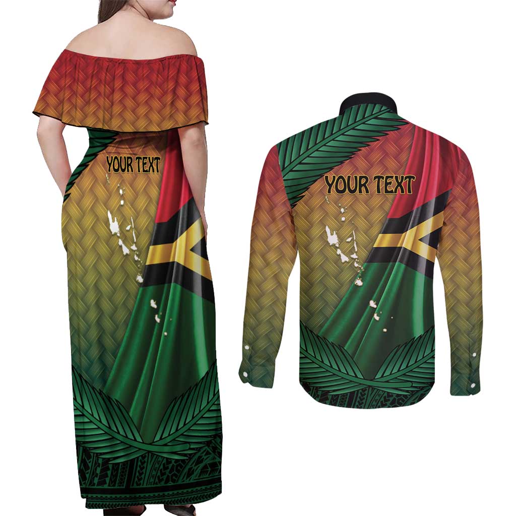 Personalised Long Live Vanuatu Independence Day Couples Matching Off Shoulder Maxi Dress and Long Sleeve Button Shirt 45th Anniversary Woven Pattern - Polynesian Pride