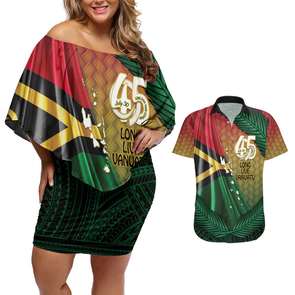Personalised Long Live Vanuatu Independence Day Couples Matching Off Shoulder Short Dress and Hawaiian Shirt 45th Anniversary Woven Pattern - Polynesian Pride