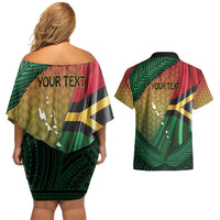 Personalised Long Live Vanuatu Independence Day Couples Matching Off Shoulder Short Dress and Hawaiian Shirt 45th Anniversary Woven Pattern - Polynesian Pride
