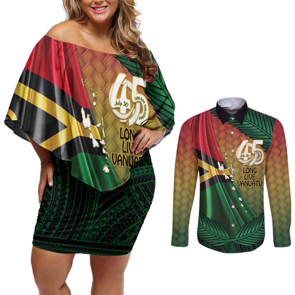 Personalised Long Live Vanuatu Independence Day Couples Matching Off Shoulder Short Dress and Long Sleeve Button Shirt 45th Anniversary Woven Pattern - Polynesian Pride