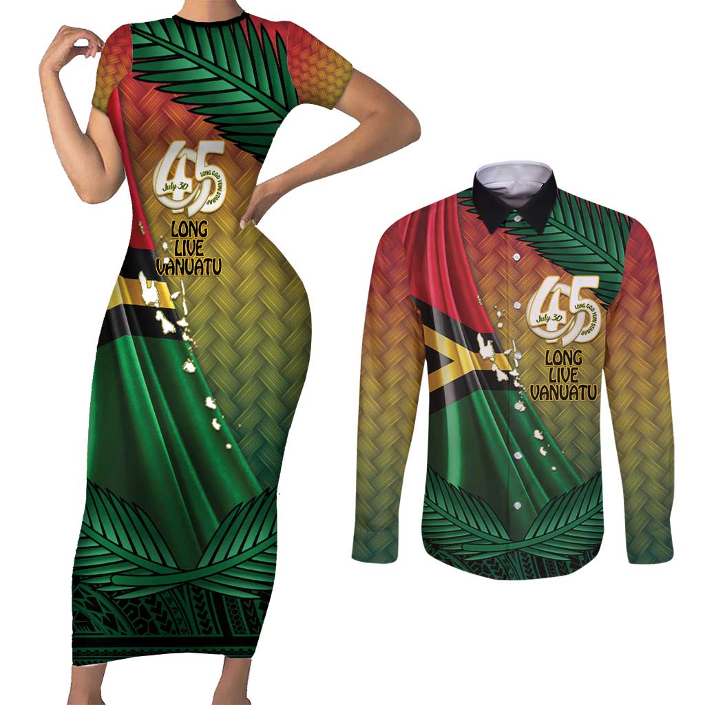 Personalised Long Live Vanuatu Independence Day Couples Matching Short Sleeve Bodycon Dress and Long Sleeve Button Shirt 45th Anniversary Woven Pattern - Polynesian Pride