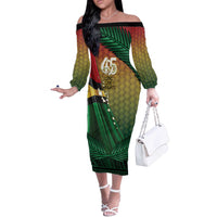 Personalised Long Live Vanuatu Independence Day Off The Shoulder Long Sleeve Dress 45th Anniversary Woven Pattern - Polynesian Pride