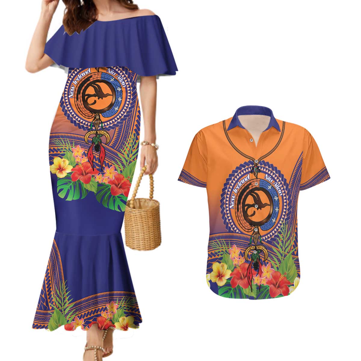 PNG New Ireland Province Couples Matching Mermaid Dress and Hawaiian Shirt Niu Ailan Necklace Polynesian Tattoo - Polynesian Pride