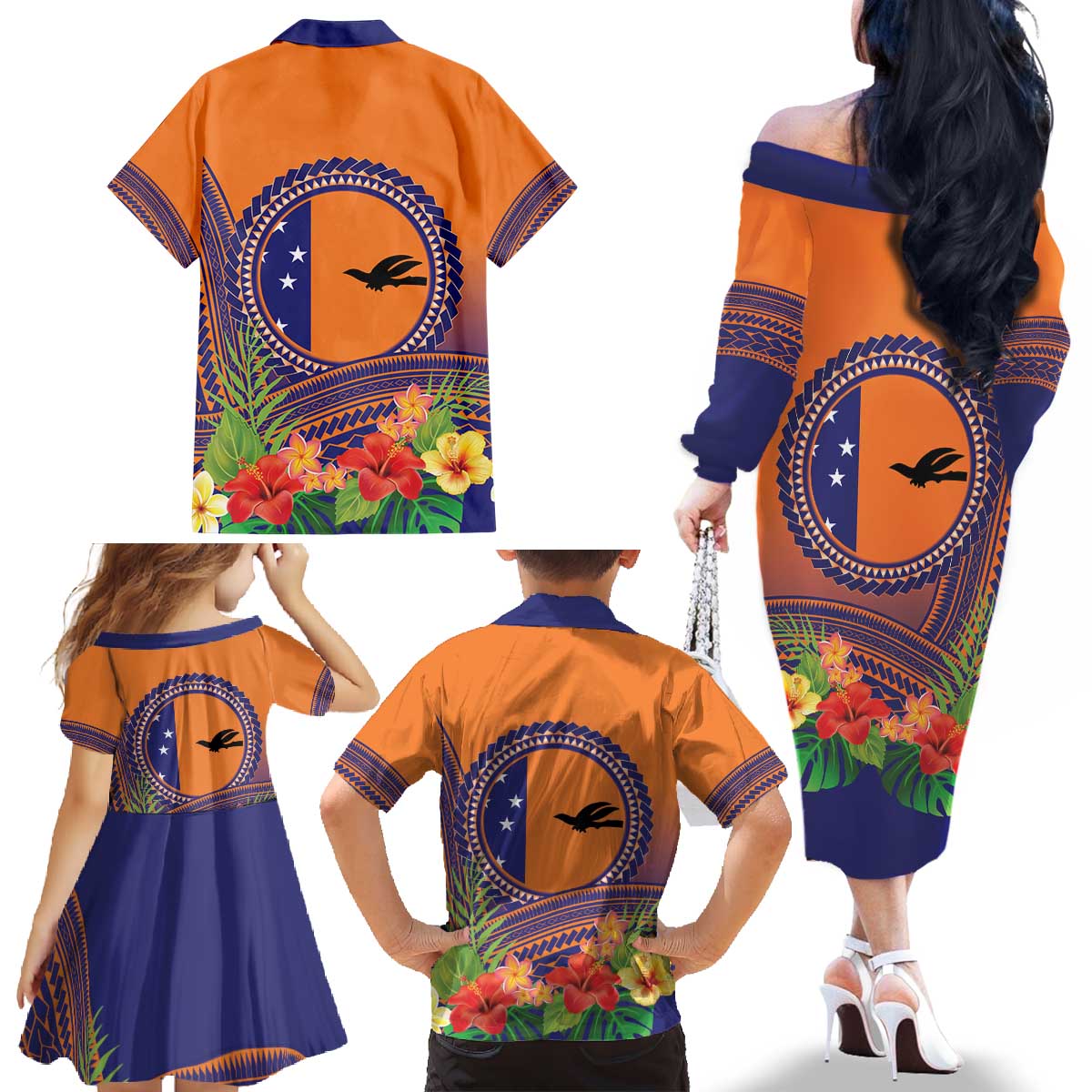 PNG New Ireland Province Family Matching Off The Shoulder Long Sleeve Dress and Hawaiian Shirt Niu Ailan Necklace Polynesian Tattoo - Polynesian Pride