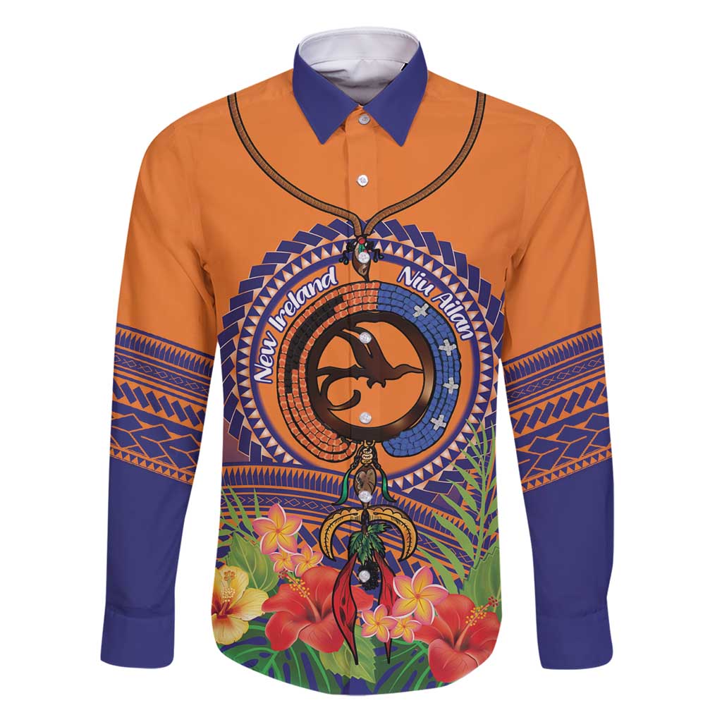 PNG New Ireland Province Family Matching Summer Maxi Dress and Hawaiian Shirt Niu Ailan Necklace Polynesian Tattoo LT14 Dad's Shirt - Long Sleeve Orange - Polynesian Pride