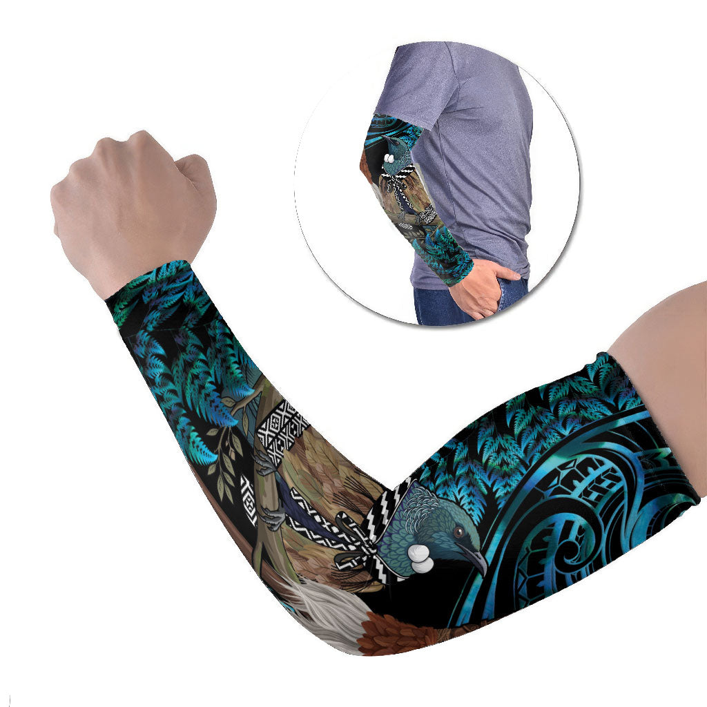 New Zealand Tui Bird Taiaha Arm Sleeves Maori Weapon Paua Shell Mix Silver Fern