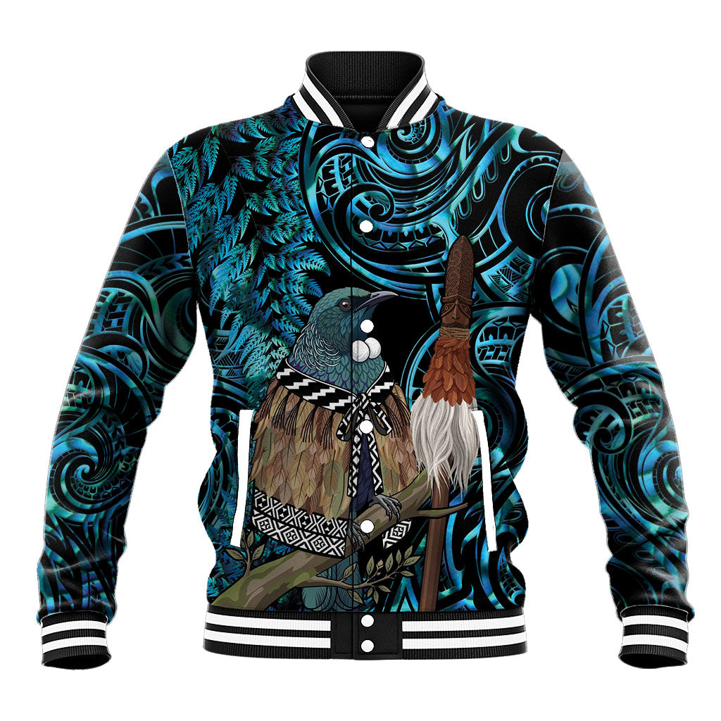 New Zealand Tui Bird Taiaha Baseball Jacket Maori Weapon Paua Shell Mix Silver Fern