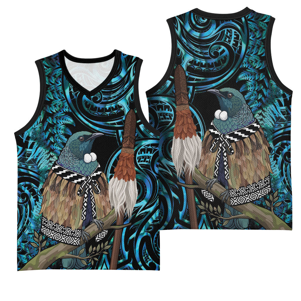 New Zealand Tui Bird Taiaha Basketball Jersey Maori Weapon Paua Shell Mix Silver Fern