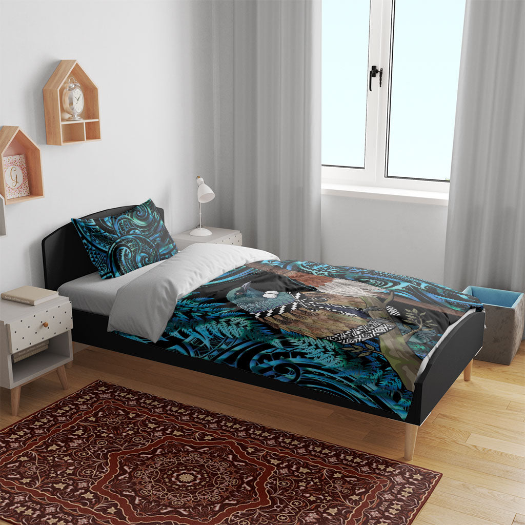 New Zealand Tui Bird Taiaha Bedding Set Maori Weapon Paua Shell Mix Silver Fern