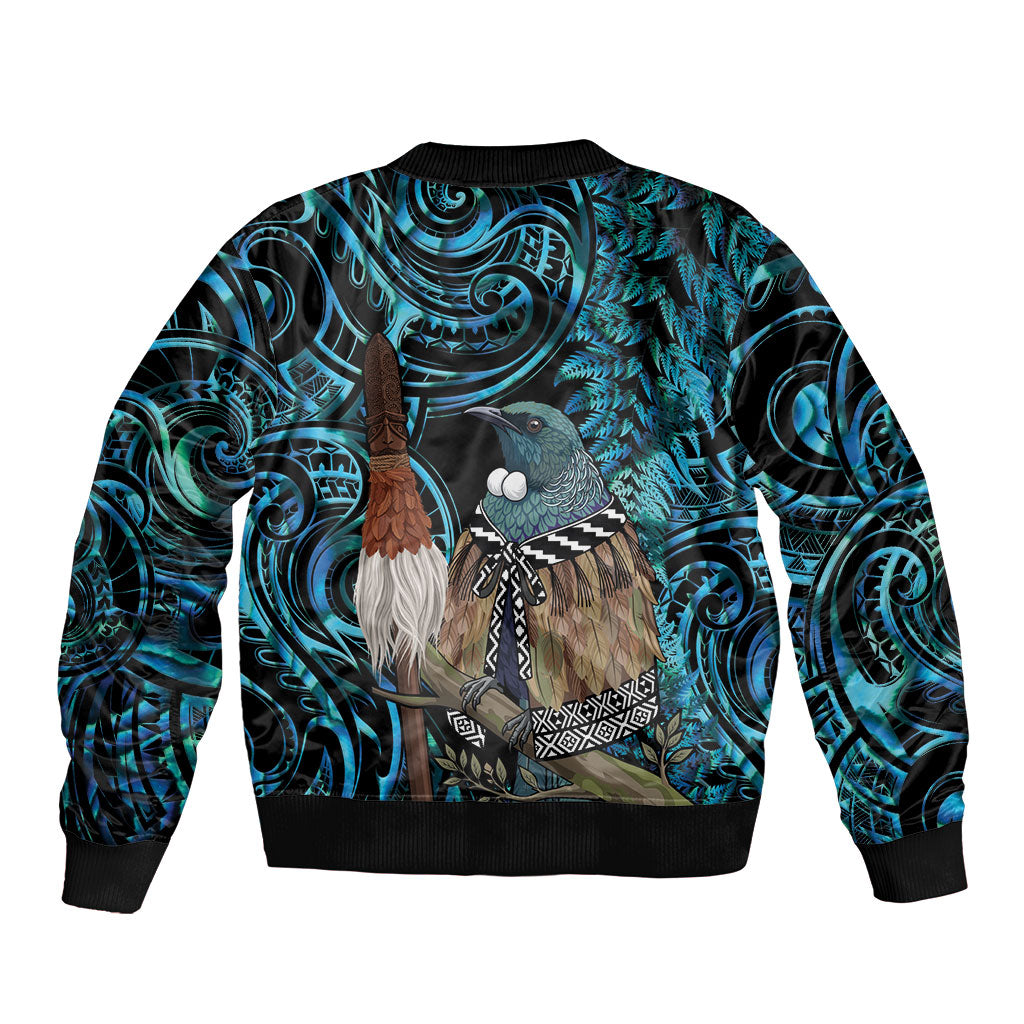 New Zealand Tui Bird Taiaha Bomber Jacket Maori Weapon Paua Shell Mix Silver Fern
