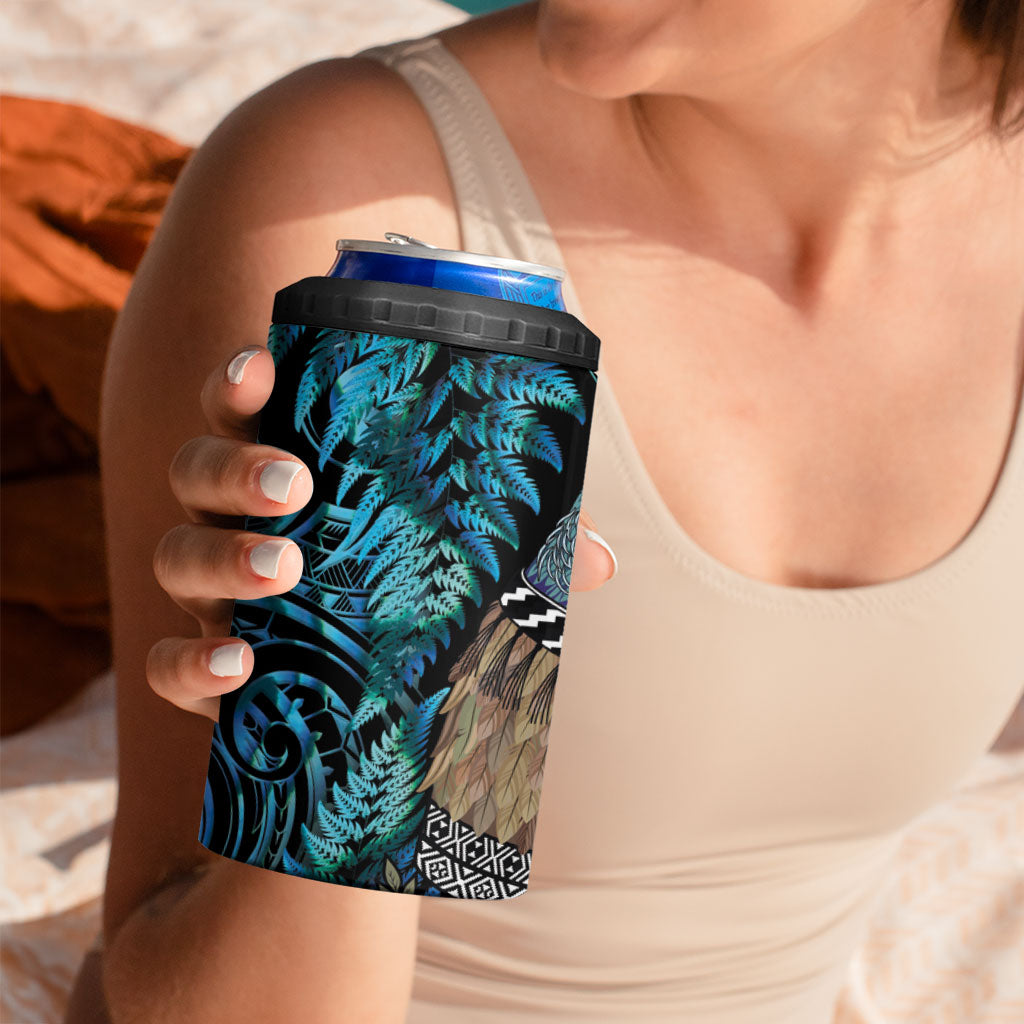 New Zealand Tui Bird Taiaha 4 in 1 Can Cooler Tumbler Maori Weapon Paua Shell Mix Silver Fern