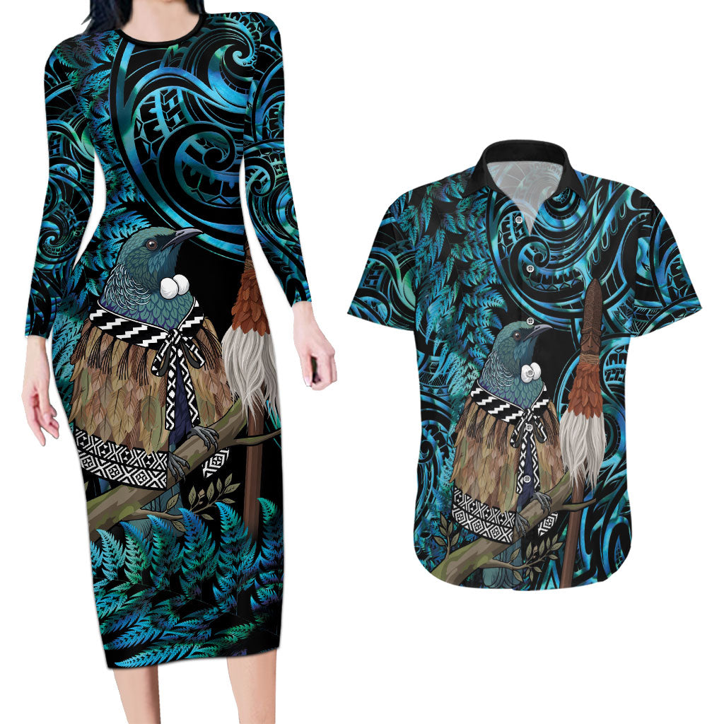 New Zealand Tui Bird Taiaha Couples Matching Long Sleeve Bodycon Dress and Hawaiian Shirt Maori Weapon Paua Shell Mix Silver Fern