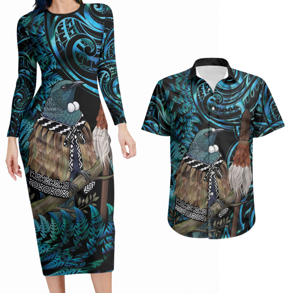 New Zealand Tui Bird Taiaha Couples Matching Long Sleeve Bodycon Dress and Hawaiian Shirt Maori Weapon Paua Shell Mix Silver Fern LT14 Turquoise - Polynesian Pride