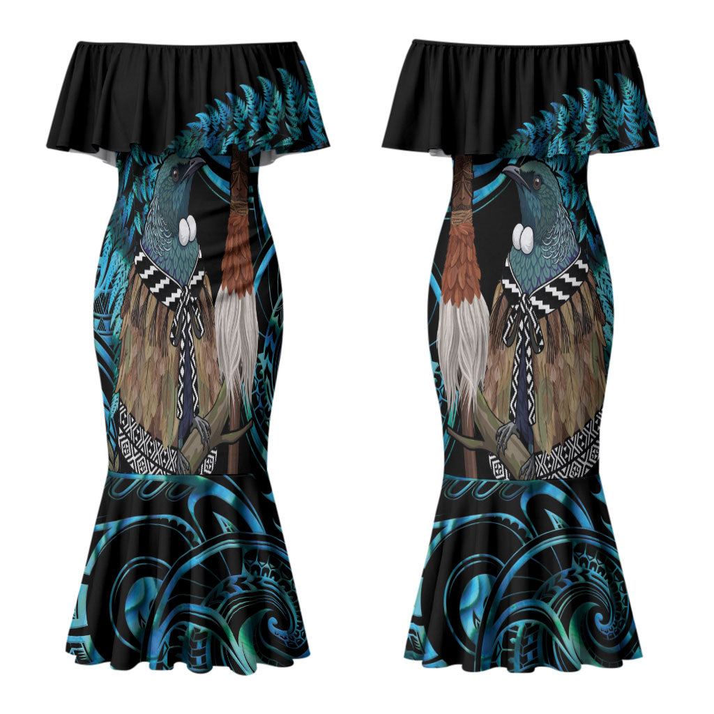 New Zealand Tui Bird Taiaha Couples Matching Mermaid Dress and Hawaiian Shirt Maori Weapon Paua Shell Mix Silver Fern LT14 - Polynesian Pride