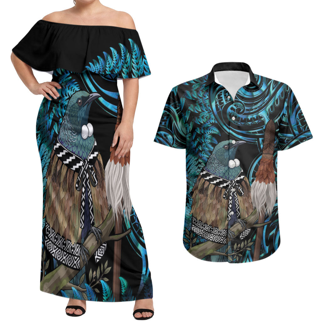New Zealand Tui Bird Taiaha Couples Matching Off Shoulder Maxi Dress and Hawaiian Shirt Maori Weapon Paua Shell Mix Silver Fern LT14 Turquoise - Polynesian Pride
