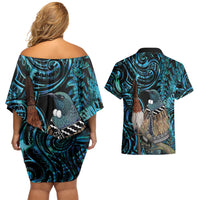 New Zealand Tui Bird Taiaha Couples Matching Off Shoulder Short Dress and Hawaiian Shirt Maori Weapon Paua Shell Mix Silver Fern