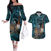 New Zealand Tui Bird Taiaha Couples Matching Off The Shoulder Long Sleeve Dress and Hawaiian Shirt Maori Weapon Paua Shell Mix Silver Fern