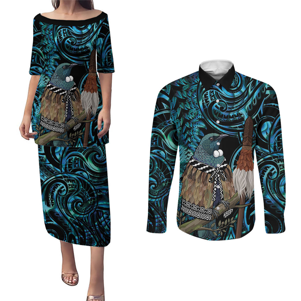 New Zealand Tui Bird Taiaha Couples Matching Puletasi and Long Sleeve Button Shirt Maori Weapon Paua Shell Mix Silver Fern