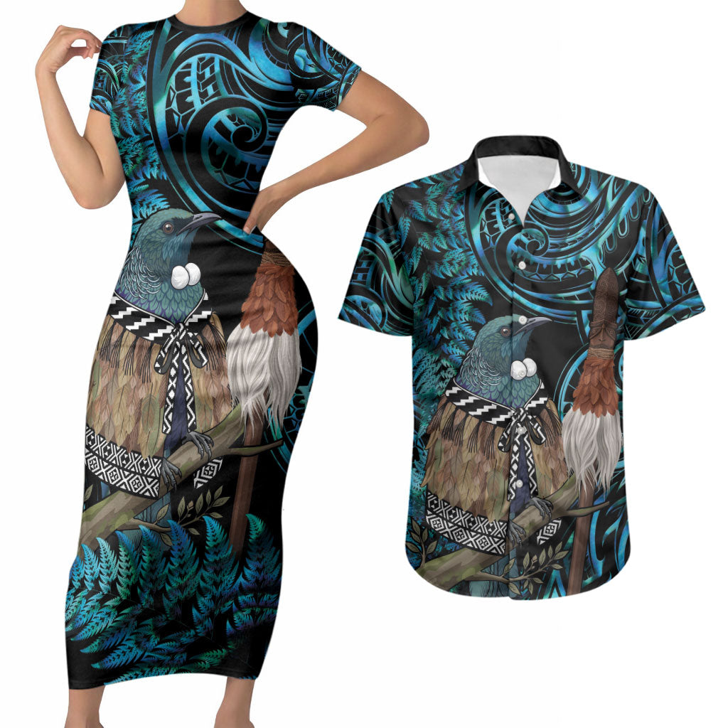 New Zealand Tui Bird Taiaha Couples Matching Short Sleeve Bodycon Dress and Hawaiian Shirt Maori Weapon Paua Shell Mix Silver Fern LT14 Turquoise - Polynesian Pride