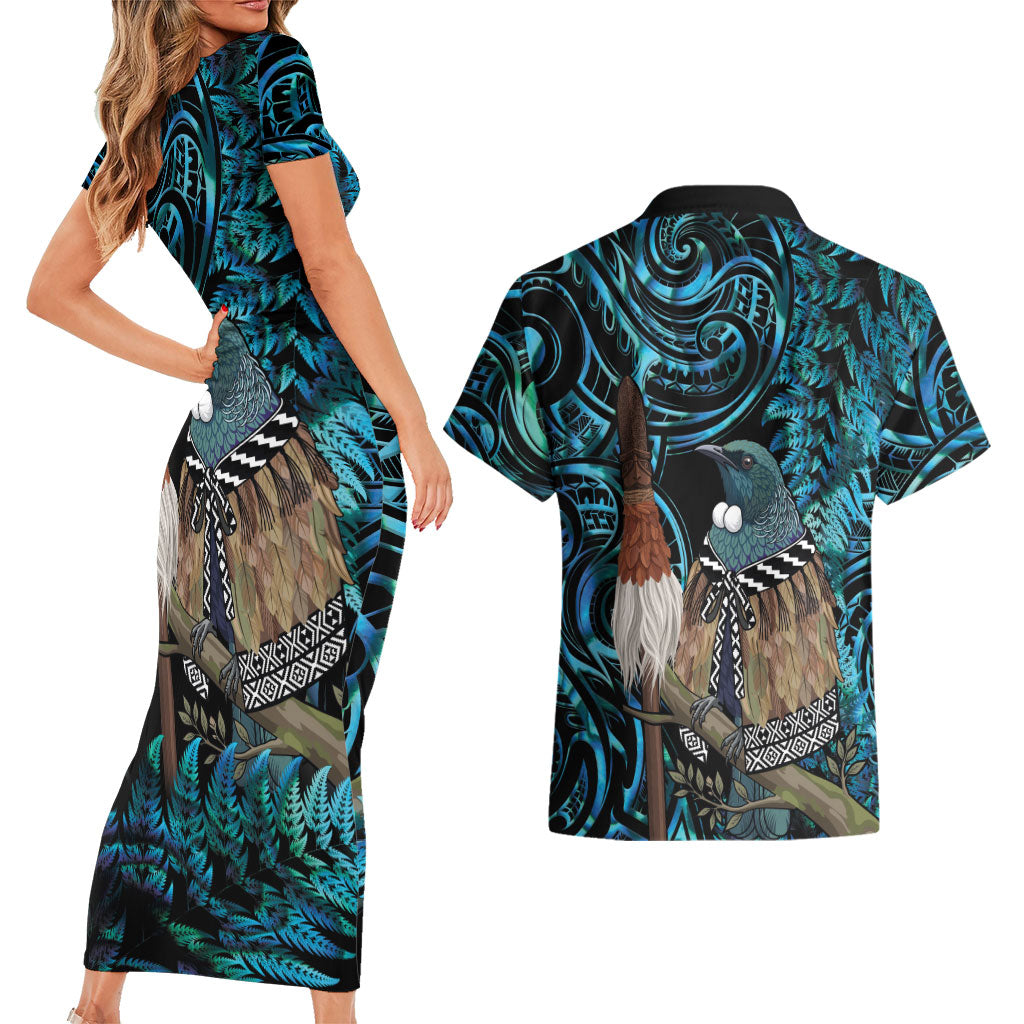 New Zealand Tui Bird Taiaha Couples Matching Short Sleeve Bodycon Dress and Hawaiian Shirt Maori Weapon Paua Shell Mix Silver Fern