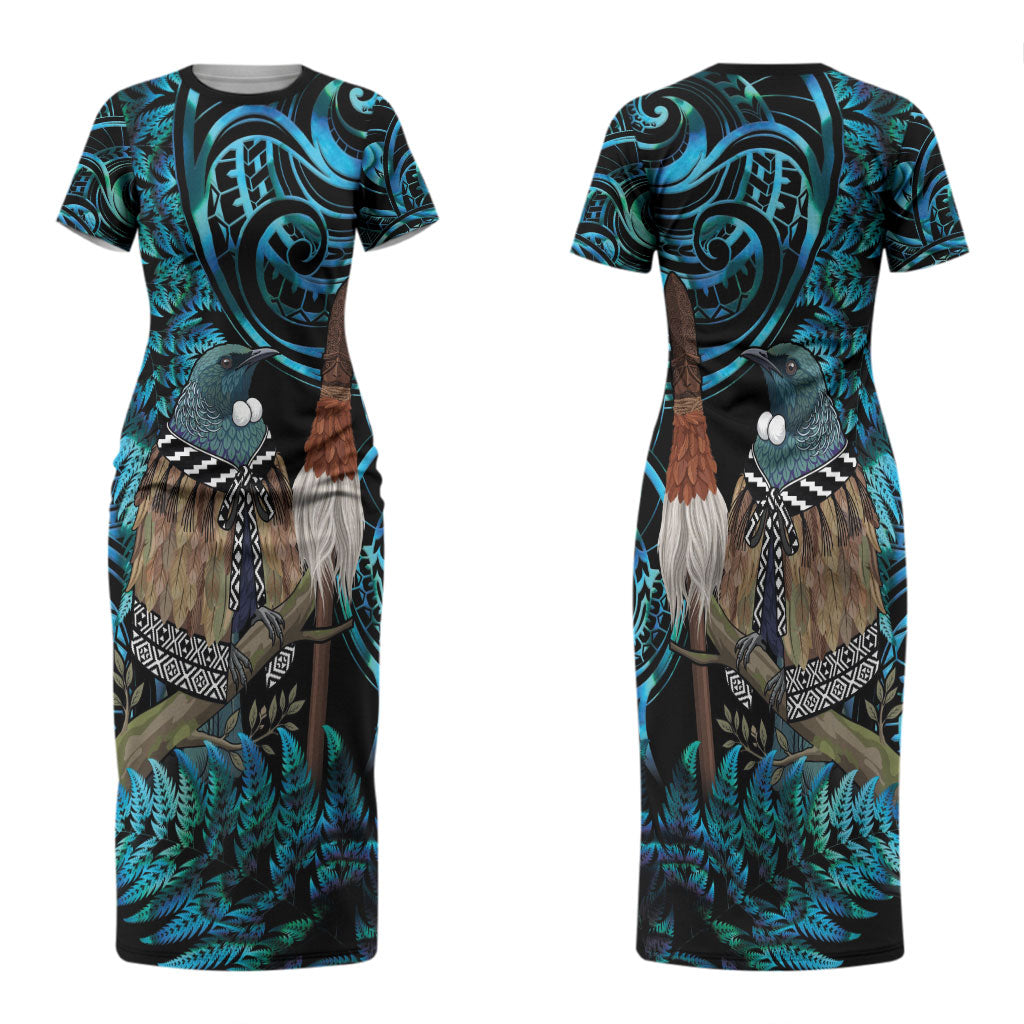 New Zealand Tui Bird Taiaha Couples Matching Short Sleeve Bodycon Dress and Hawaiian Shirt Maori Weapon Paua Shell Mix Silver Fern LT14 - Polynesian Pride