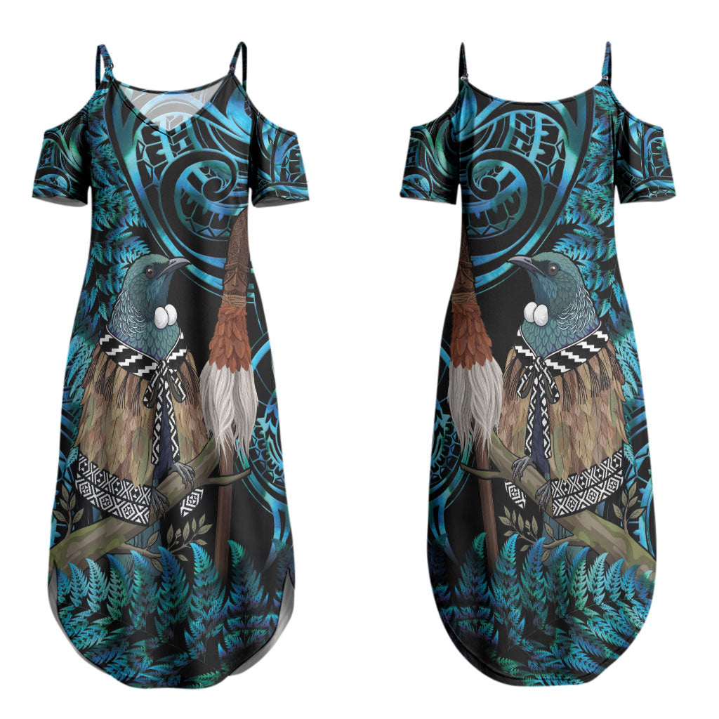 New Zealand Tui Bird Taiaha Couples Matching Summer Maxi Dress and Hawaiian Shirt Maori Weapon Paua Shell Mix Silver Fern LT14 - Polynesian Pride