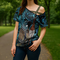 New Zealand Tui Bird Taiaha Cross Shoulder Shirt Maori Weapon Paua Shell Mix Silver Fern