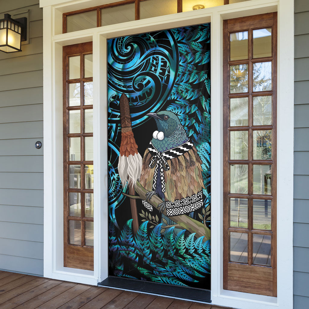 New Zealand Tui Bird Taiaha Door Cover Maori Weapon Paua Shell Mix Silver Fern