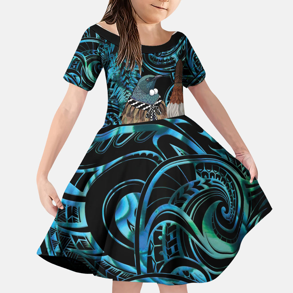 New Zealand Tui Bird Taiaha Family Matching Long Sleeve Bodycon Dress and Hawaiian Shirt Maori Weapon Paua Shell Mix Silver Fern