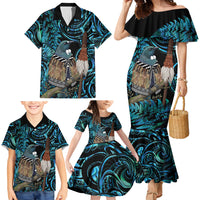 New Zealand Tui Bird Taiaha Family Matching Mermaid Dress and Hawaiian Shirt Maori Weapon Paua Shell Mix Silver Fern