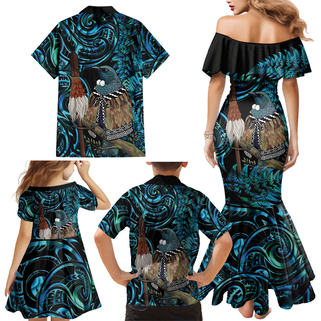 New Zealand Tui Bird Taiaha Family Matching Mermaid Dress and Hawaiian Shirt Maori Weapon Paua Shell Mix Silver Fern