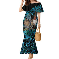 New Zealand Tui Bird Taiaha Family Matching Mermaid Dress and Hawaiian Shirt Maori Weapon Paua Shell Mix Silver Fern