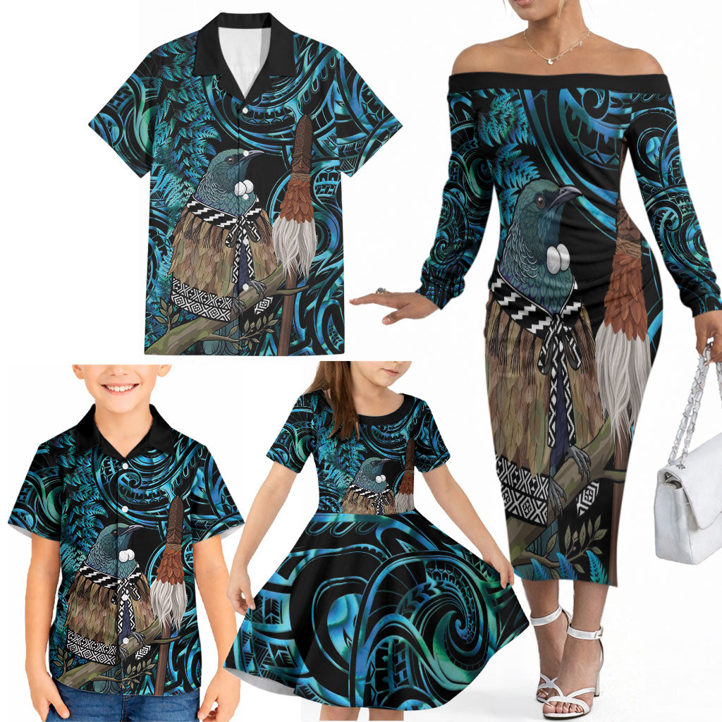 New Zealand Tui Bird Taiaha Family Matching Off The Shoulder Long Sleeve Dress and Hawaiian Shirt Maori Weapon Paua Shell Mix Silver Fern LT14 - Polynesian Pride