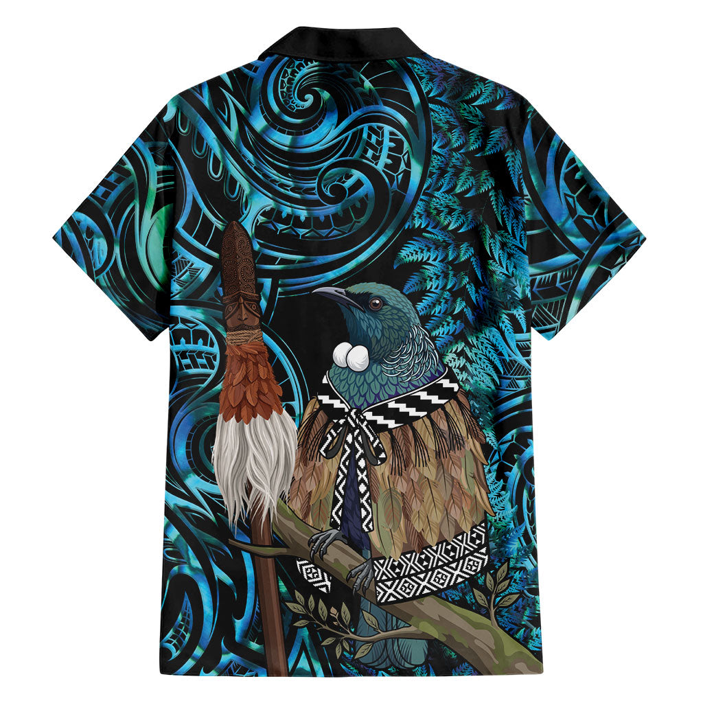 New Zealand Tui Bird Taiaha Family Matching Off The Shoulder Long Sleeve Dress and Hawaiian Shirt Maori Weapon Paua Shell Mix Silver Fern