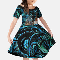 New Zealand Tui Bird Taiaha Family Matching Off Shoulder Maxi Dress and Hawaiian Shirt Maori Weapon Paua Shell Mix Silver Fern