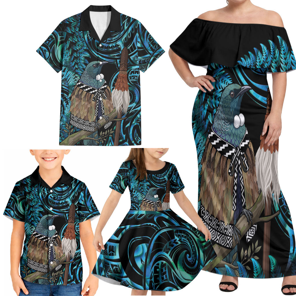 New Zealand Tui Bird Taiaha Family Matching Off Shoulder Maxi Dress and Hawaiian Shirt Maori Weapon Paua Shell Mix Silver Fern LT14 - Polynesian Pride