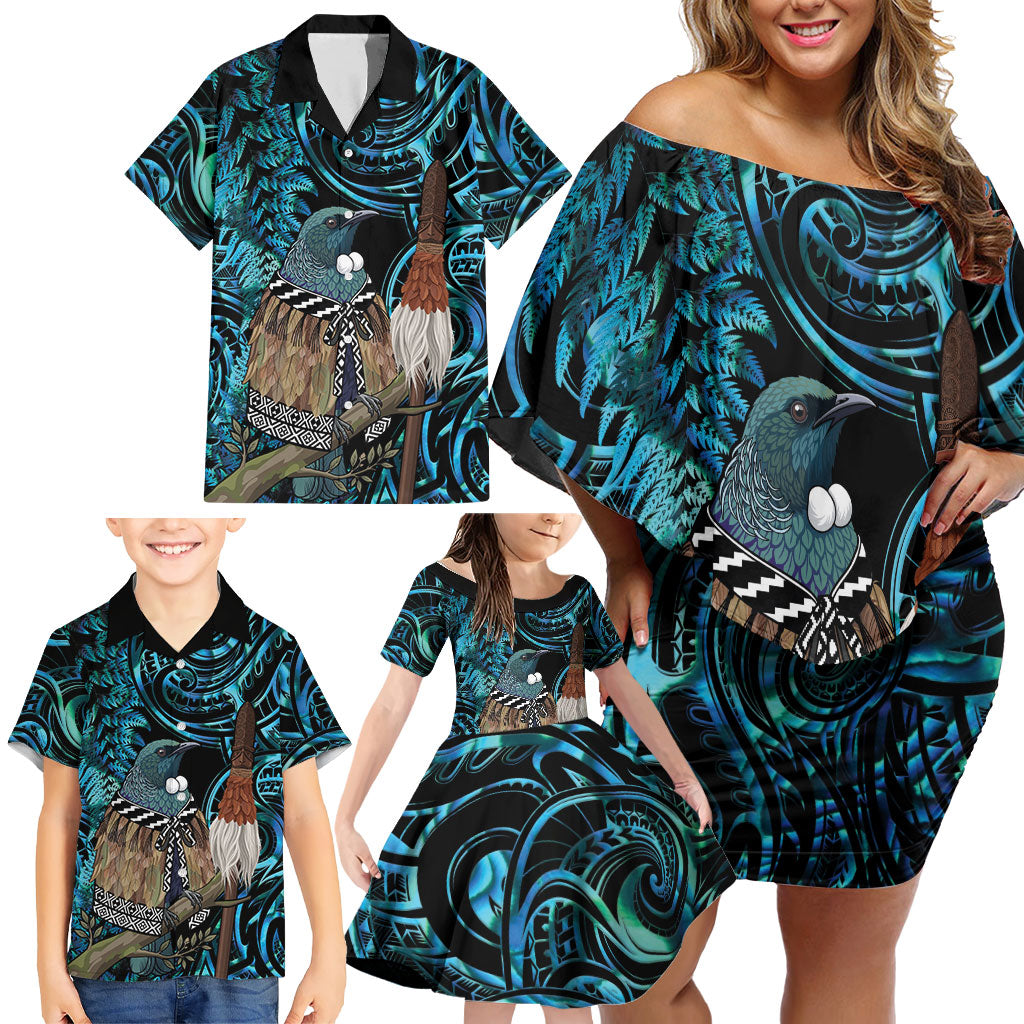 New Zealand Tui Bird Taiaha Family Matching Off Shoulder Short Dress and Hawaiian Shirt Maori Weapon Paua Shell Mix Silver Fern