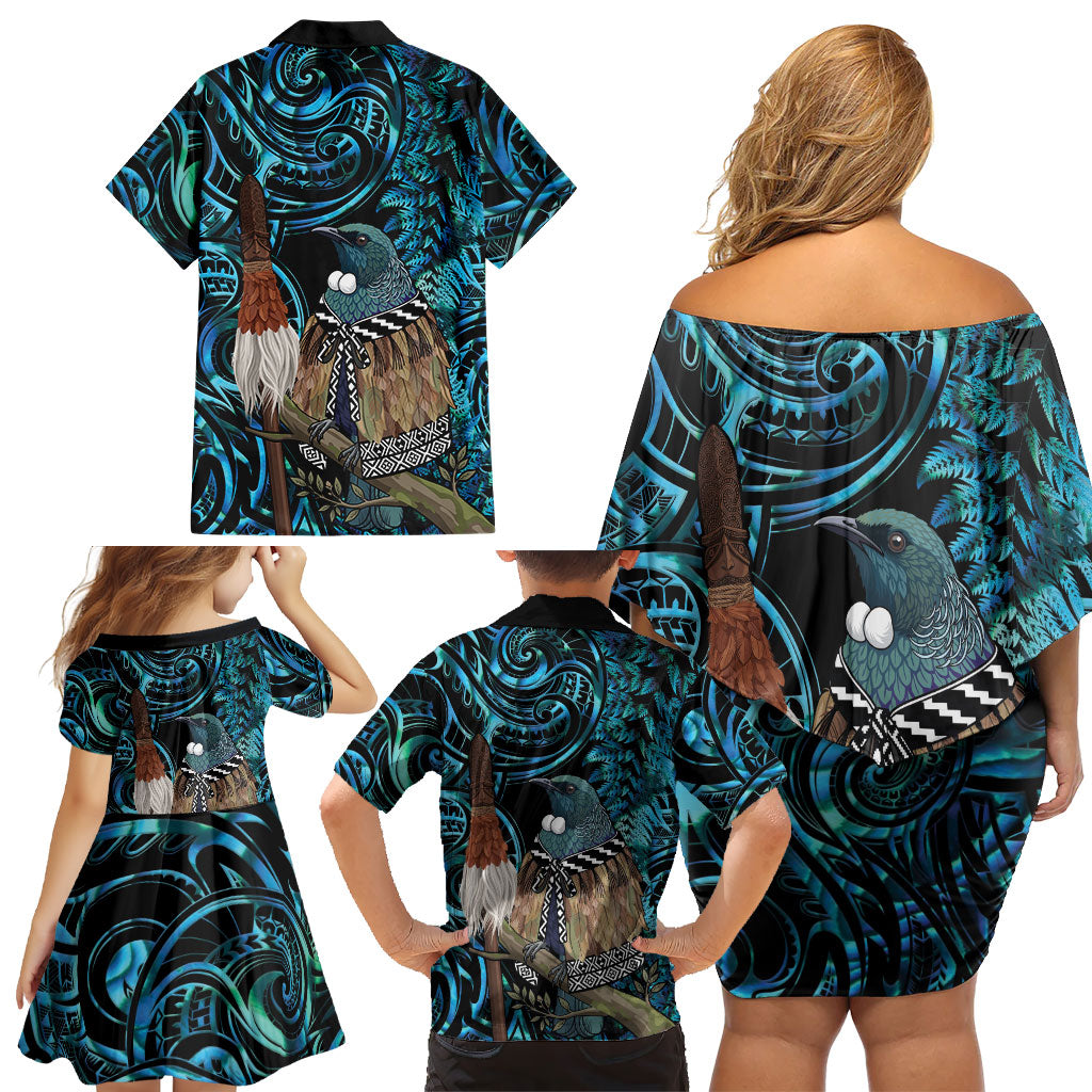 New Zealand Tui Bird Taiaha Family Matching Off Shoulder Short Dress and Hawaiian Shirt Maori Weapon Paua Shell Mix Silver Fern