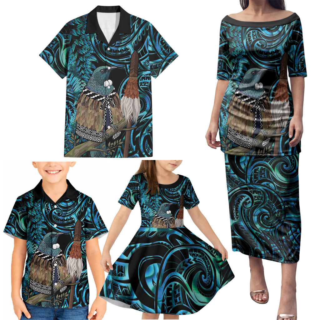 New Zealand Tui Bird Taiaha Family Matching Puletasi and Hawaiian Shirt Maori Weapon Paua Shell Mix Silver Fern LT14 - Polynesian Pride