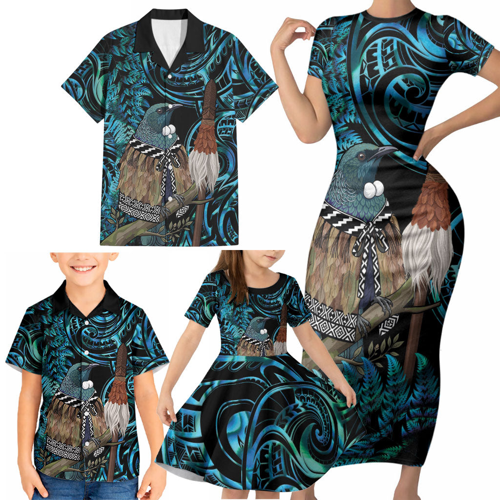 New Zealand Tui Bird Taiaha Family Matching Short Sleeve Bodycon Dress and Hawaiian Shirt Maori Weapon Paua Shell Mix Silver Fern LT14 - Polynesian Pride