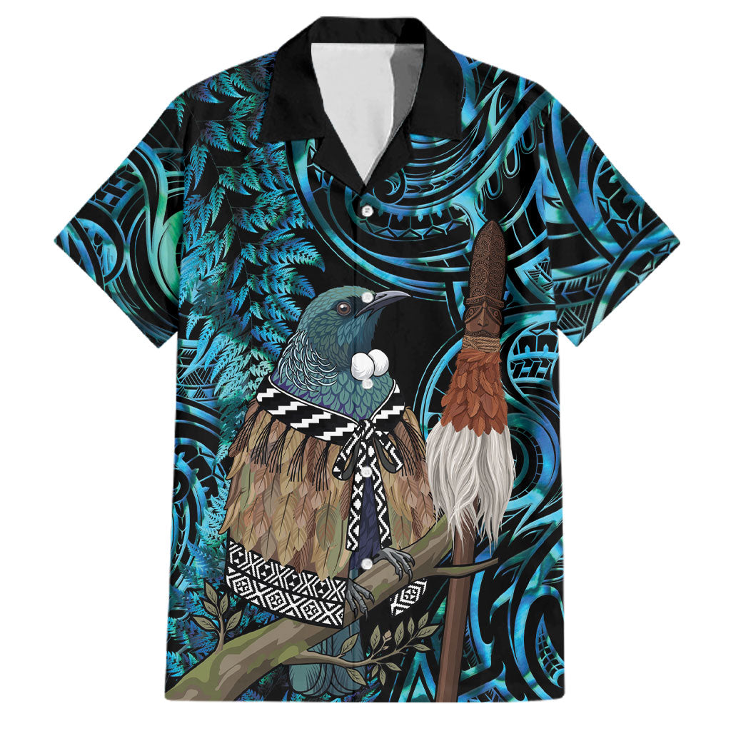 New Zealand Tui Bird Taiaha Family Matching Short Sleeve Bodycon Dress and Hawaiian Shirt Maori Weapon Paua Shell Mix Silver Fern
