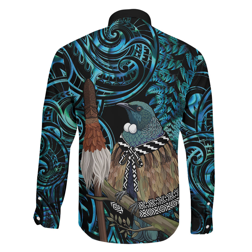 New Zealand Tui Bird Taiaha Family Matching Short Sleeve Bodycon Dress and Hawaiian Shirt Maori Weapon Paua Shell Mix Silver Fern