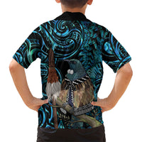 New Zealand Tui Bird Taiaha Family Matching Summer Maxi Dress and Hawaiian Shirt Maori Weapon Paua Shell Mix Silver Fern