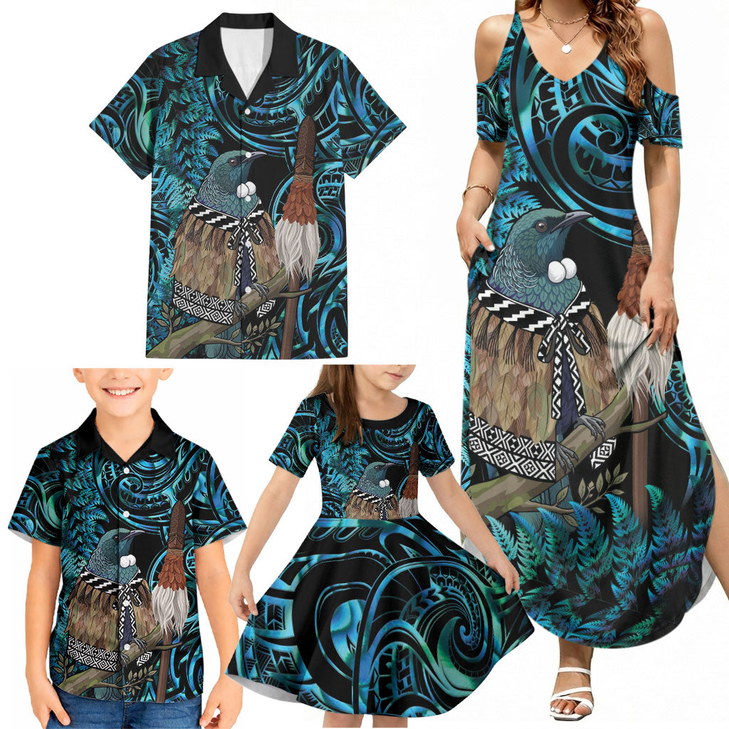New Zealand Tui Bird Taiaha Family Matching Summer Maxi Dress and Hawaiian Shirt Maori Weapon Paua Shell Mix Silver Fern LT14 - Polynesian Pride