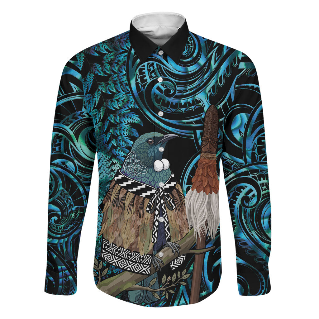 New Zealand Tui Bird Taiaha Family Matching Summer Maxi Dress and Hawaiian Shirt Maori Weapon Paua Shell Mix Silver Fern