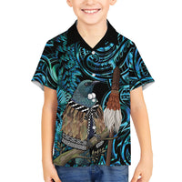 New Zealand Tui Bird Taiaha Family Matching Summer Maxi Dress and Hawaiian Shirt Maori Weapon Paua Shell Mix Silver Fern