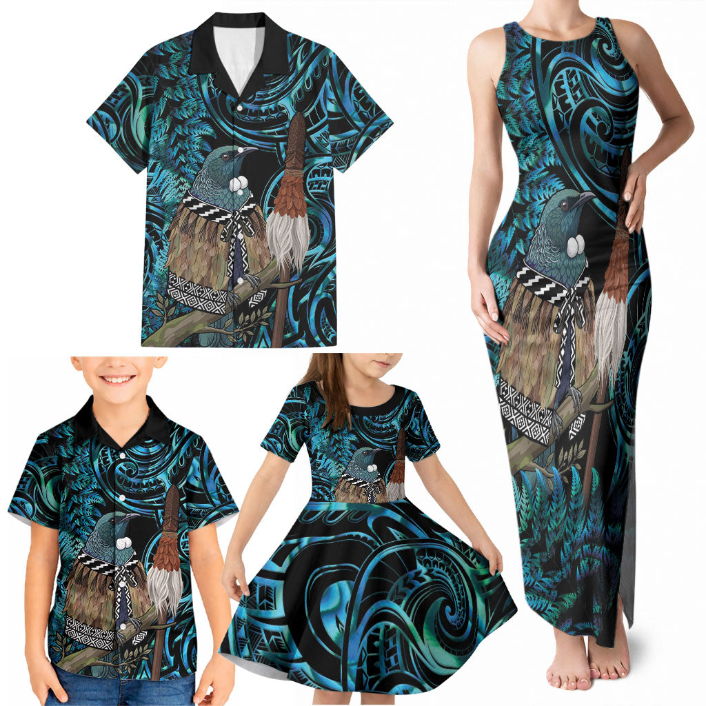 New Zealand Tui Bird Taiaha Family Matching Tank Maxi Dress and Hawaiian Shirt Maori Weapon Paua Shell Mix Silver Fern LT14 - Polynesian Pride