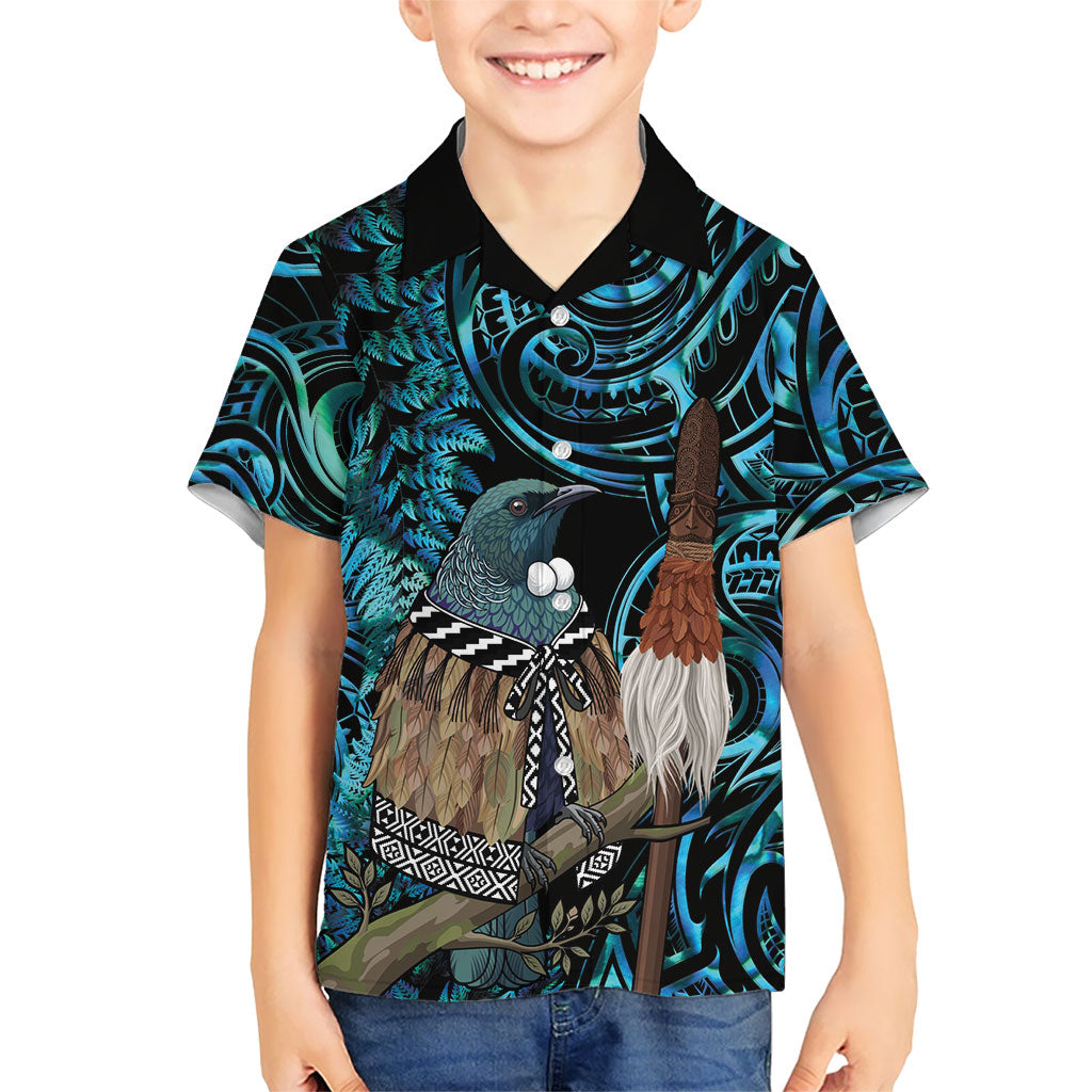 New Zealand Tui Bird Taiaha Family Matching Tank Maxi Dress and Hawaiian Shirt Maori Weapon Paua Shell Mix Silver Fern