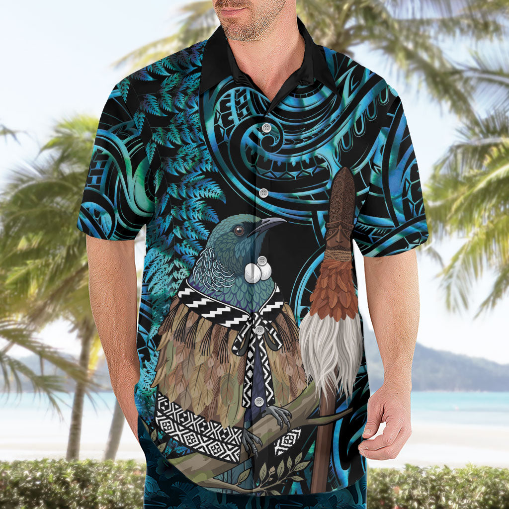 New Zealand Tui Bird Taiaha Hawaiian Shirt Maori Weapon Paua Shell Mix Silver Fern