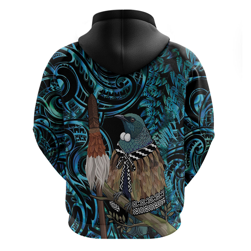 New Zealand Tui Bird Taiaha Hoodie Maori Weapon Paua Shell Mix Silver Fern